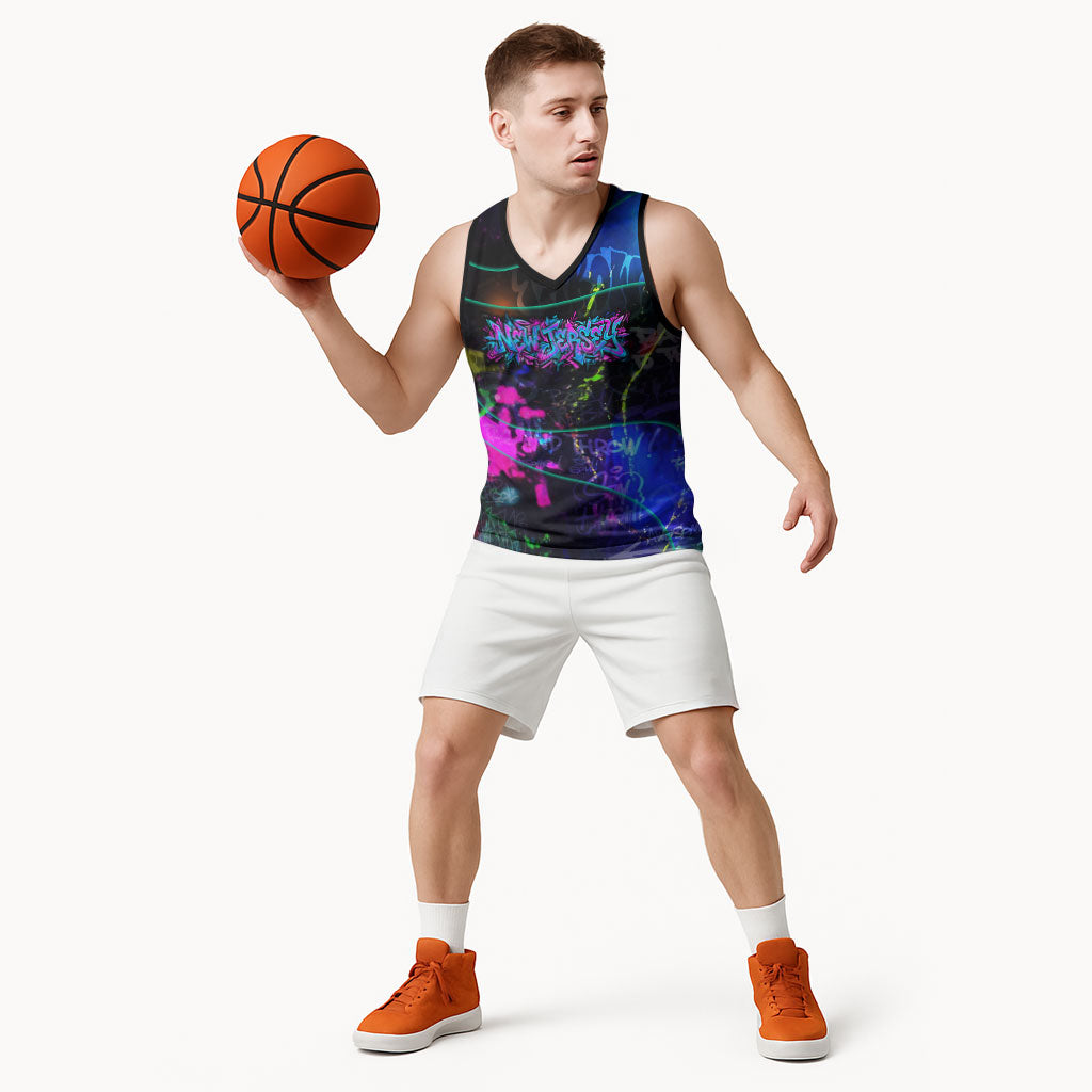 Personalized New Jersey Graffiti Mascot Basketball Jersey Urban Street Art - Vibrant Neon Spray Paint Aesthetic