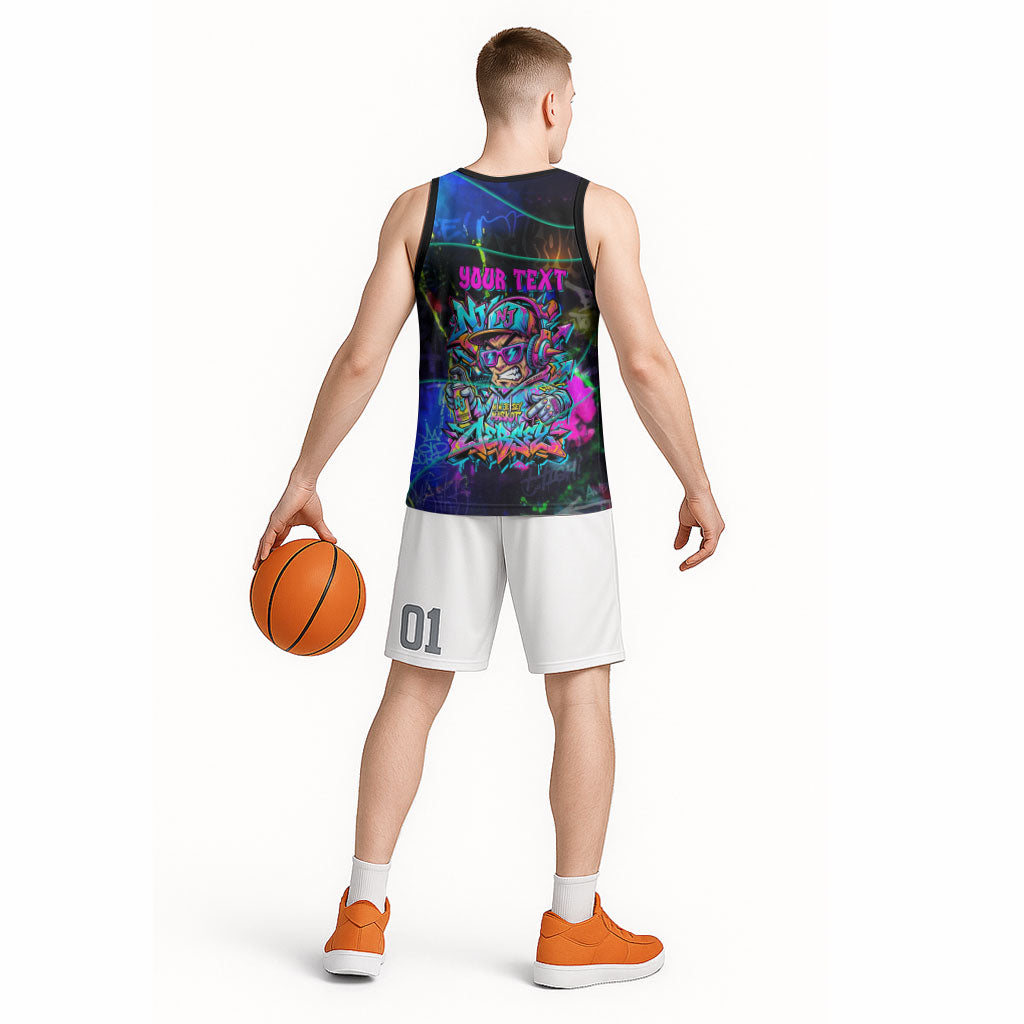 Personalized New Jersey Graffiti Mascot Basketball Jersey Urban Street Art - Vibrant Neon Spray Paint Aesthetic