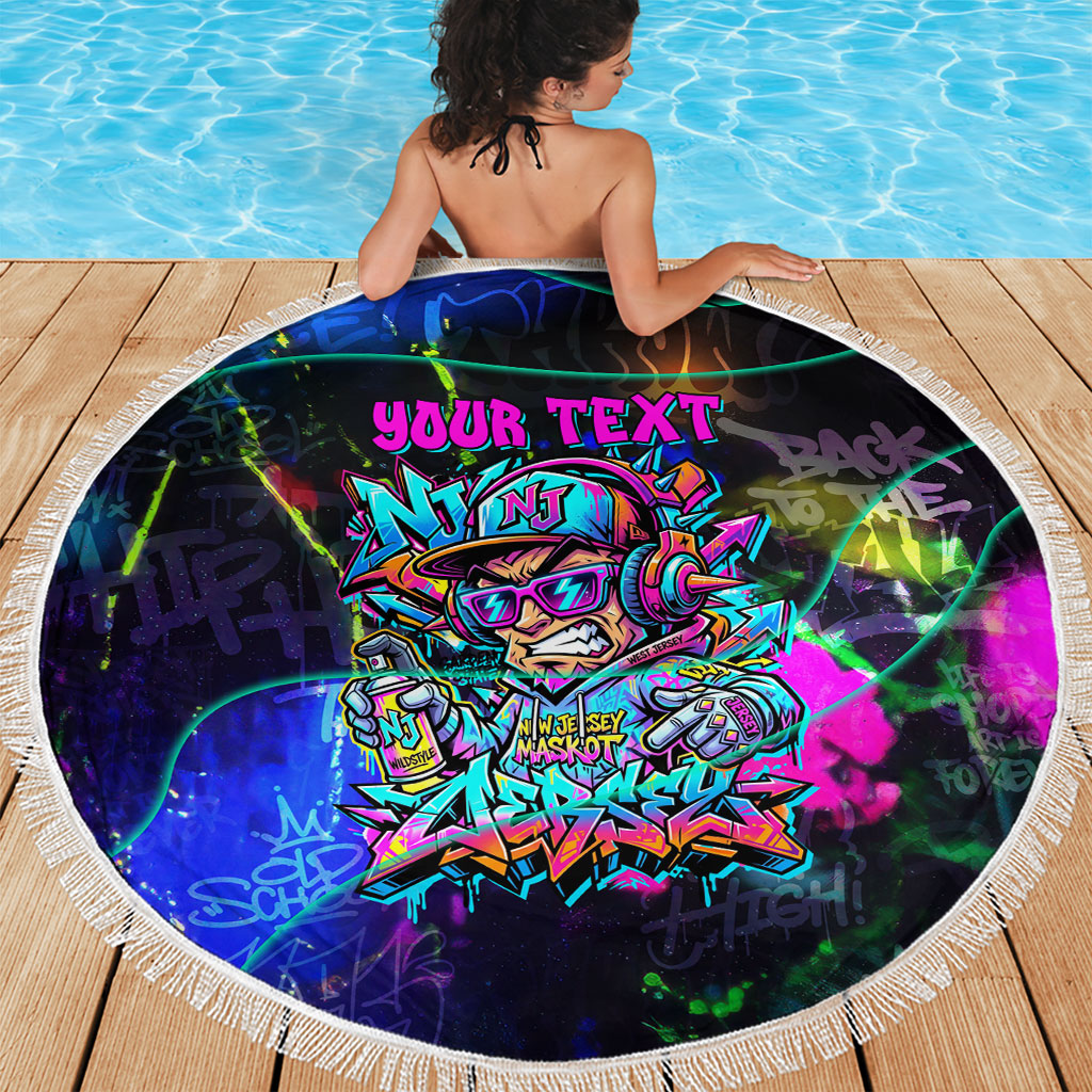 Personalized New Jersey Graffiti Mascot Beach Blanket Urban Street Art - Vibrant Neon Spray Paint Aesthetic