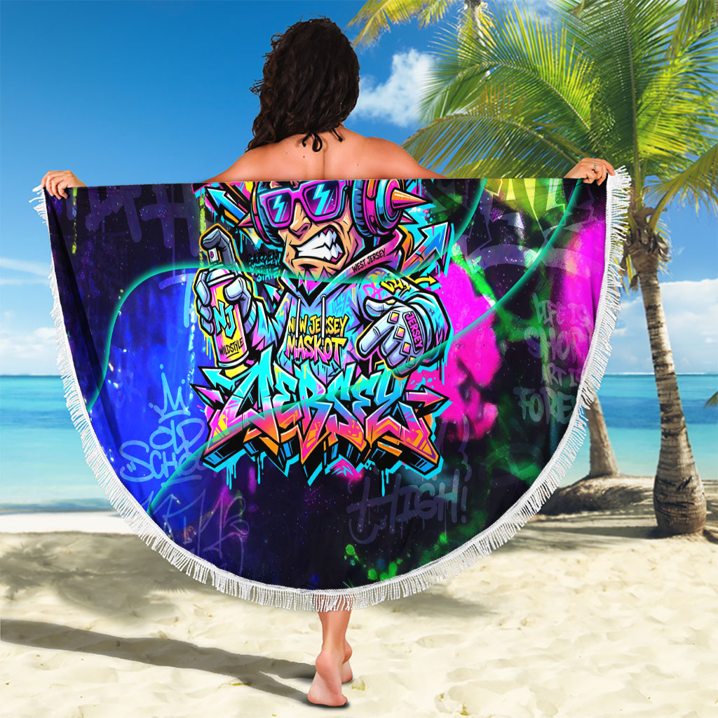 Personalized New Jersey Graffiti Mascot Beach Blanket Urban Street Art - Vibrant Neon Spray Paint Aesthetic
