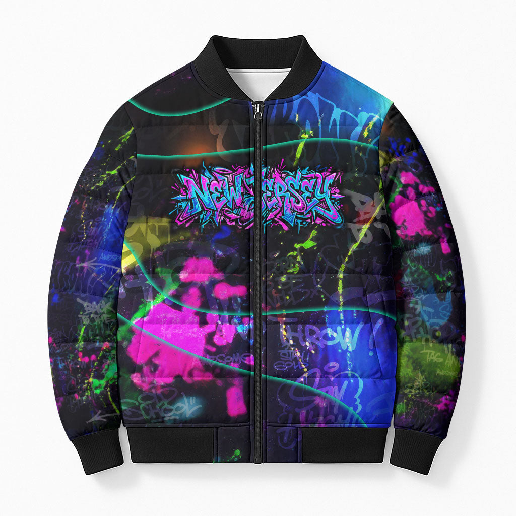 Personalized New Jersey Graffiti Mascot Bomber Puffer Jacket Urban Street Art - Vibrant Neon Spray Paint Aesthetic