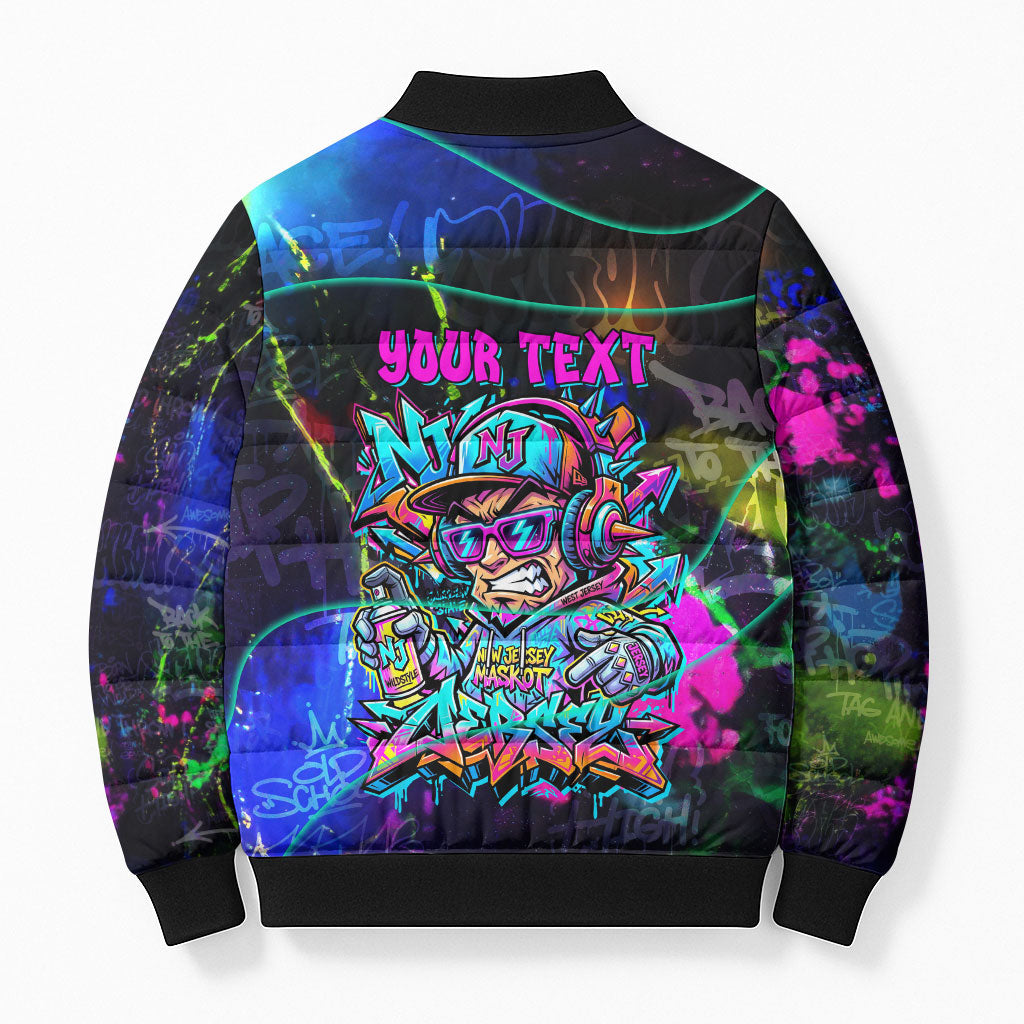 Personalized New Jersey Graffiti Mascot Bomber Puffer Jacket Urban Street Art - Vibrant Neon Spray Paint Aesthetic