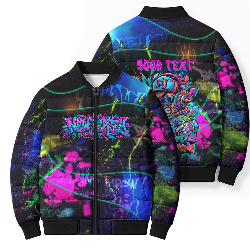Personalized New Jersey Graffiti Mascot Bomber Puffer Jacket Urban Street Art - Vibrant Neon Spray Paint Aesthetic
