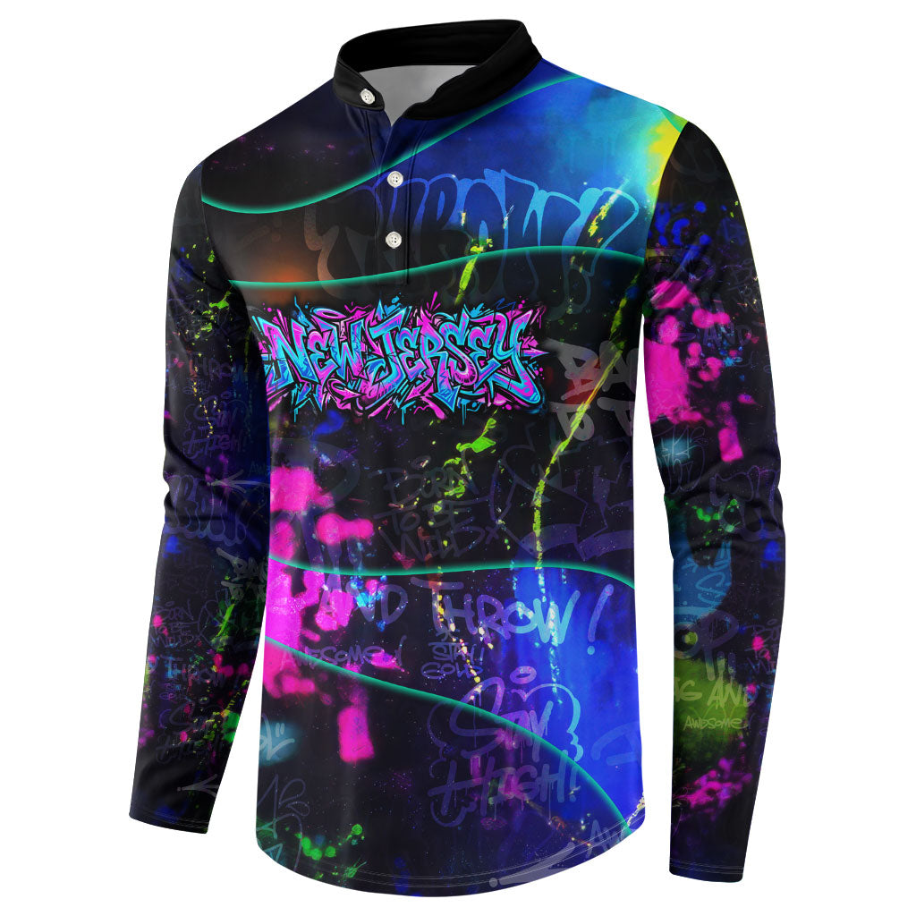 Personalized New Jersey Graffiti Mascot Button Sweatshirt Urban Street Art - Vibrant Neon Spray Paint Aesthetic