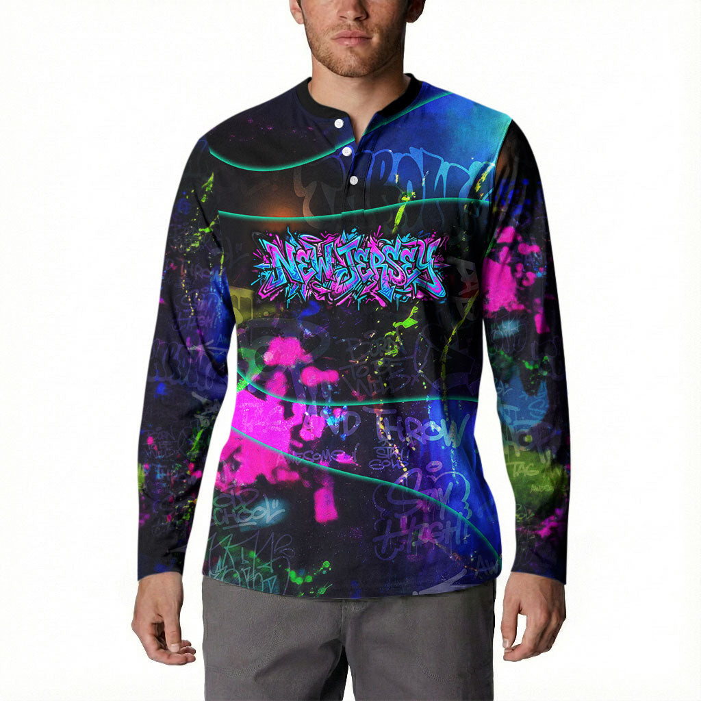 Personalized New Jersey Graffiti Mascot Button Sweatshirt Urban Street Art - Vibrant Neon Spray Paint Aesthetic