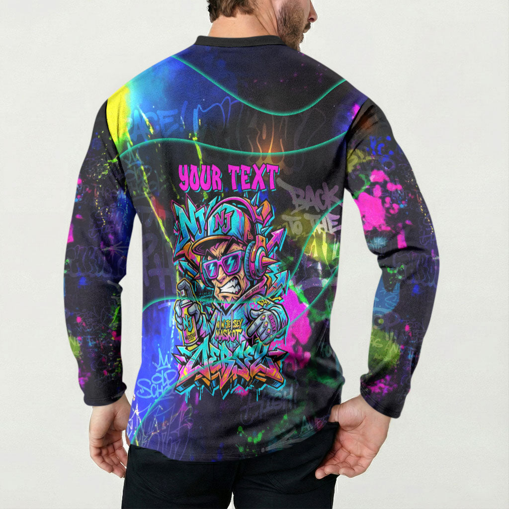 Personalized New Jersey Graffiti Mascot Button Sweatshirt Urban Street Art - Vibrant Neon Spray Paint Aesthetic