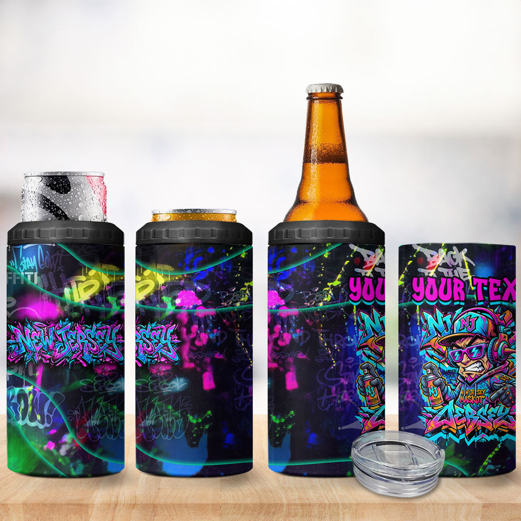 Personalized New Jersey Graffiti Mascot 4 in 1 Can Cooler Tumbler Urban Street Art - Vibrant Neon Spray Paint Aesthetic