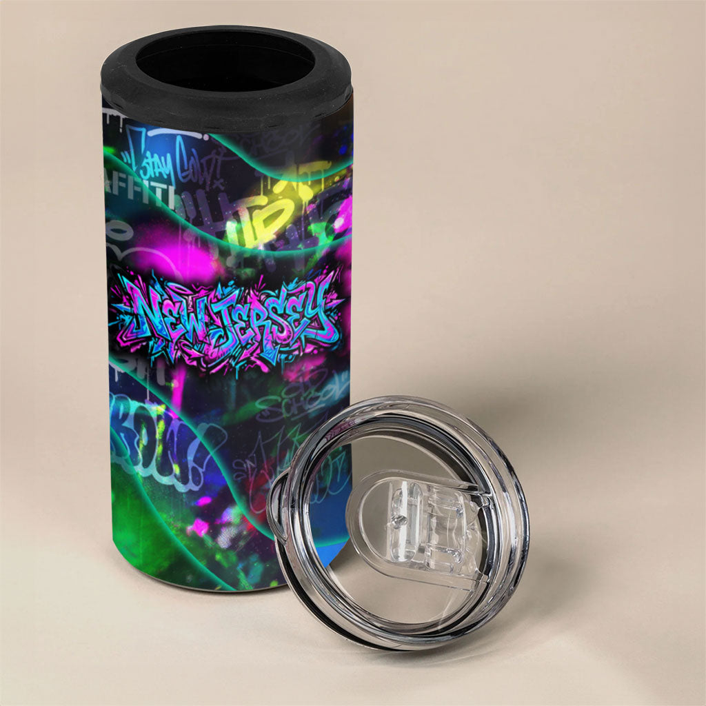 Personalized New Jersey Graffiti Mascot 4 in 1 Can Cooler Tumbler Urban Street Art - Vibrant Neon Spray Paint Aesthetic