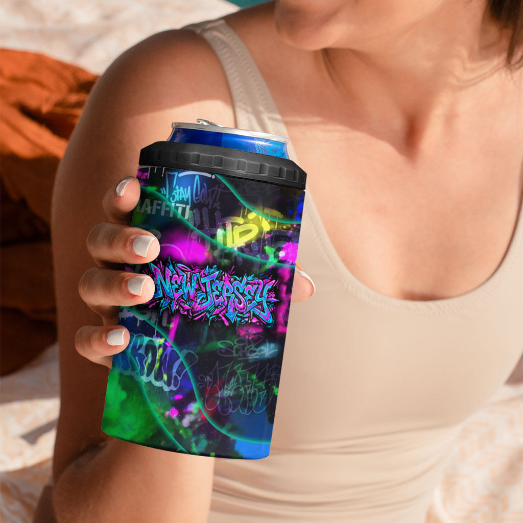 Personalized New Jersey Graffiti Mascot 4 in 1 Can Cooler Tumbler Urban Street Art - Vibrant Neon Spray Paint Aesthetic