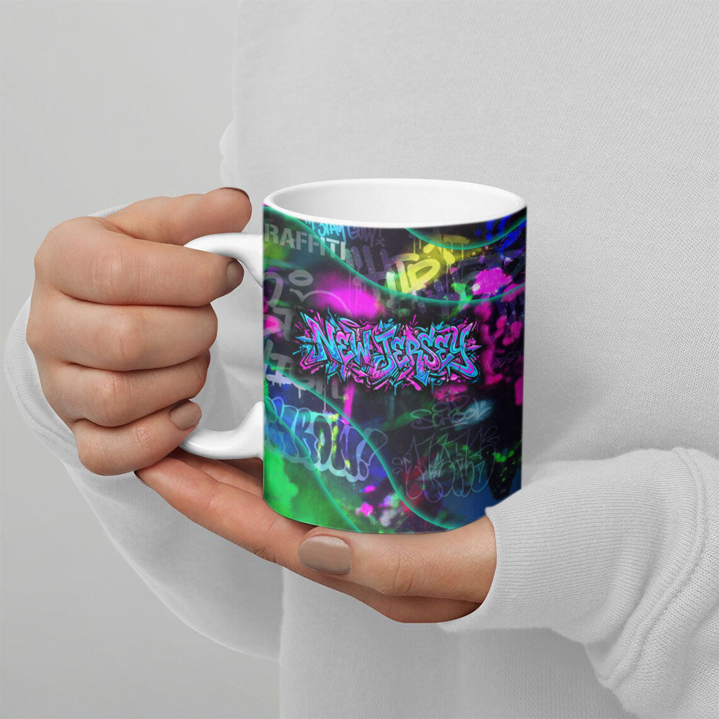 Personalized New Jersey Graffiti Mascot Ceramic Mug Urban Street Art - Vibrant Neon Spray Paint Aesthetic