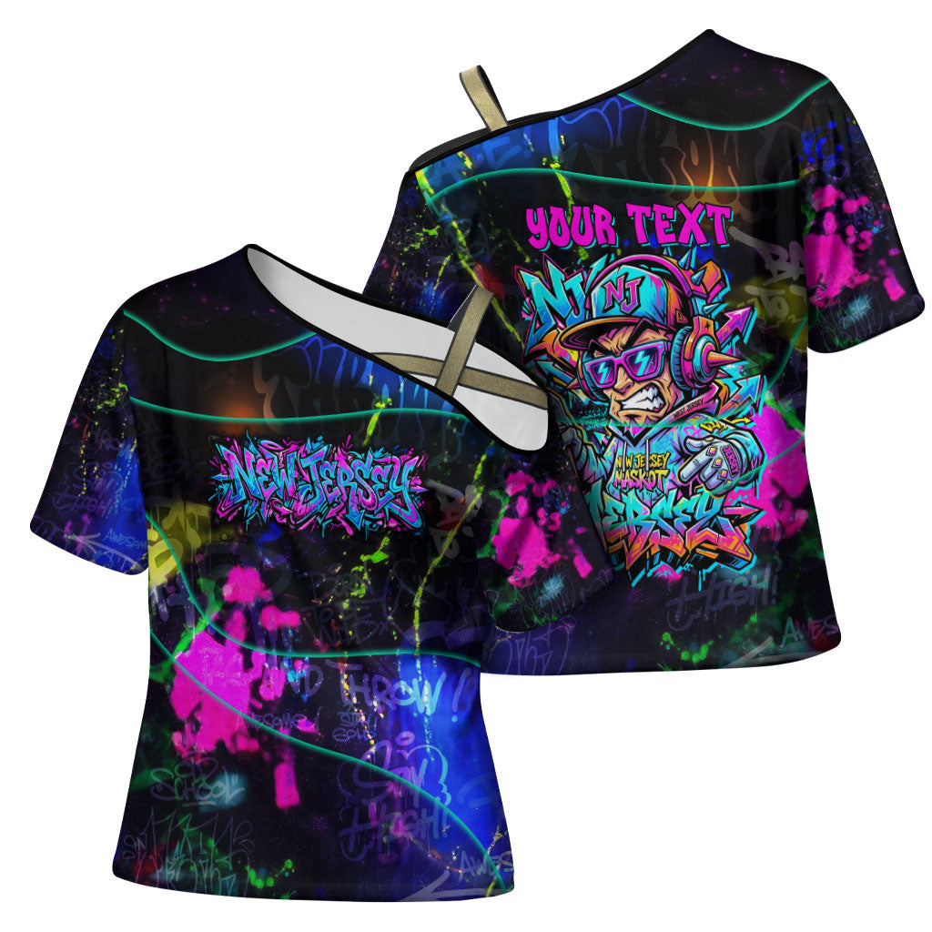 Personalized New Jersey Graffiti Mascot Cross Shoulder Shirt Urban Street Art - Vibrant Neon Spray Paint Aesthetic