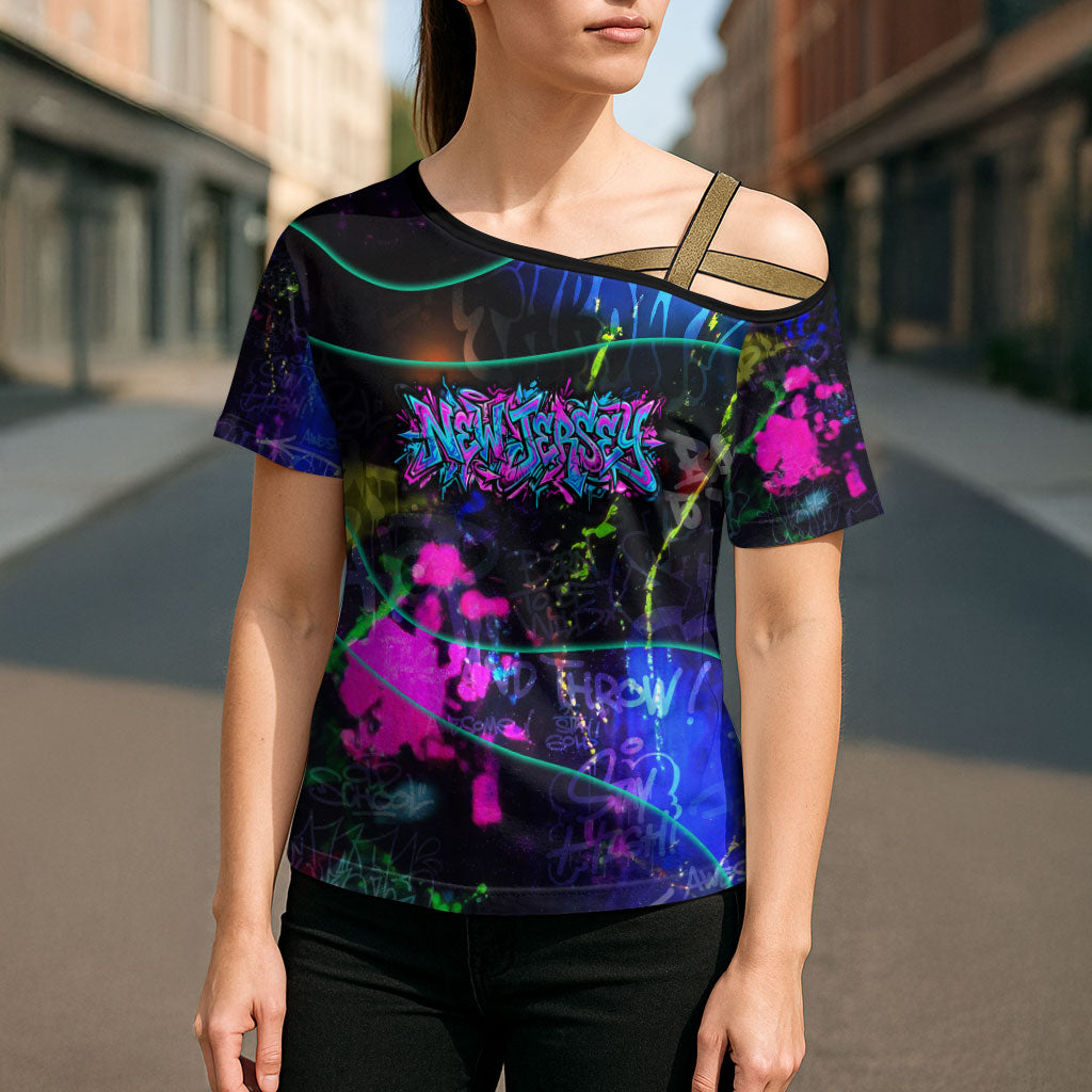 Personalized New Jersey Graffiti Mascot Cross Shoulder Shirt Urban Street Art - Vibrant Neon Spray Paint Aesthetic