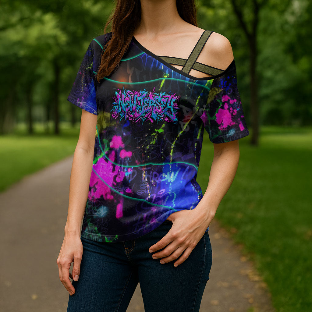 Personalized New Jersey Graffiti Mascot Cross Shoulder Shirt Urban Street Art - Vibrant Neon Spray Paint Aesthetic
