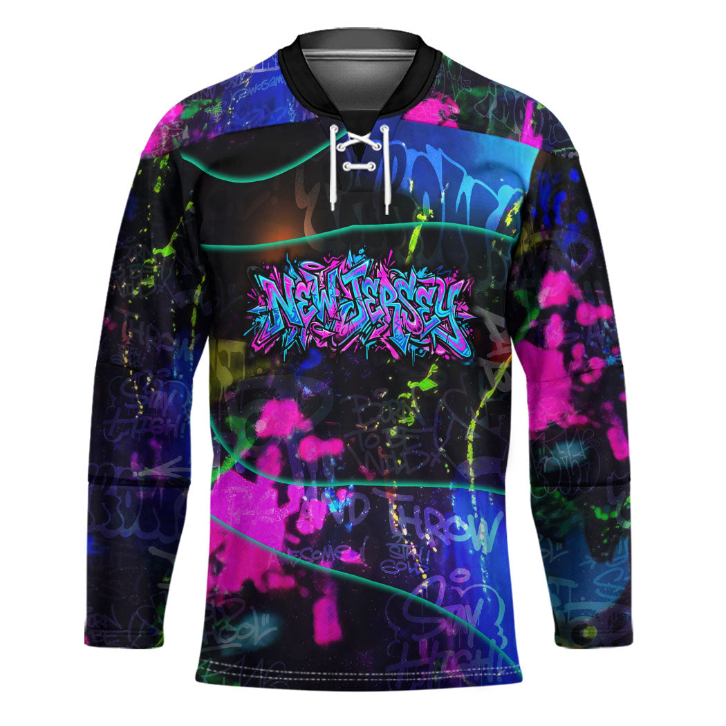 Personalized New Jersey Graffiti Mascot Hockey Jersey Urban Street Art - Vibrant Neon Spray Paint Aesthetic