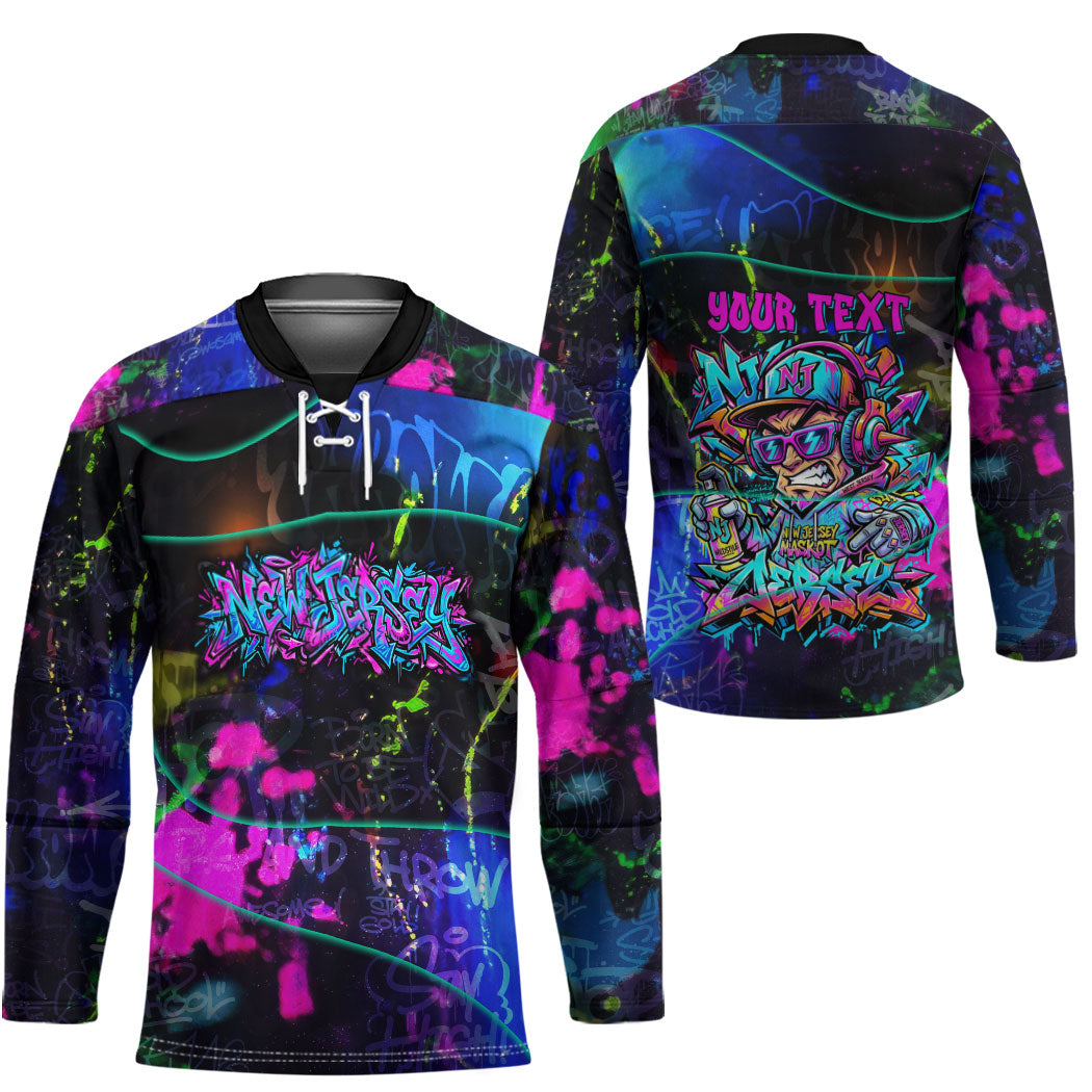 Personalized New Jersey Graffiti Mascot Hockey Jersey Urban Street Art - Vibrant Neon Spray Paint Aesthetic