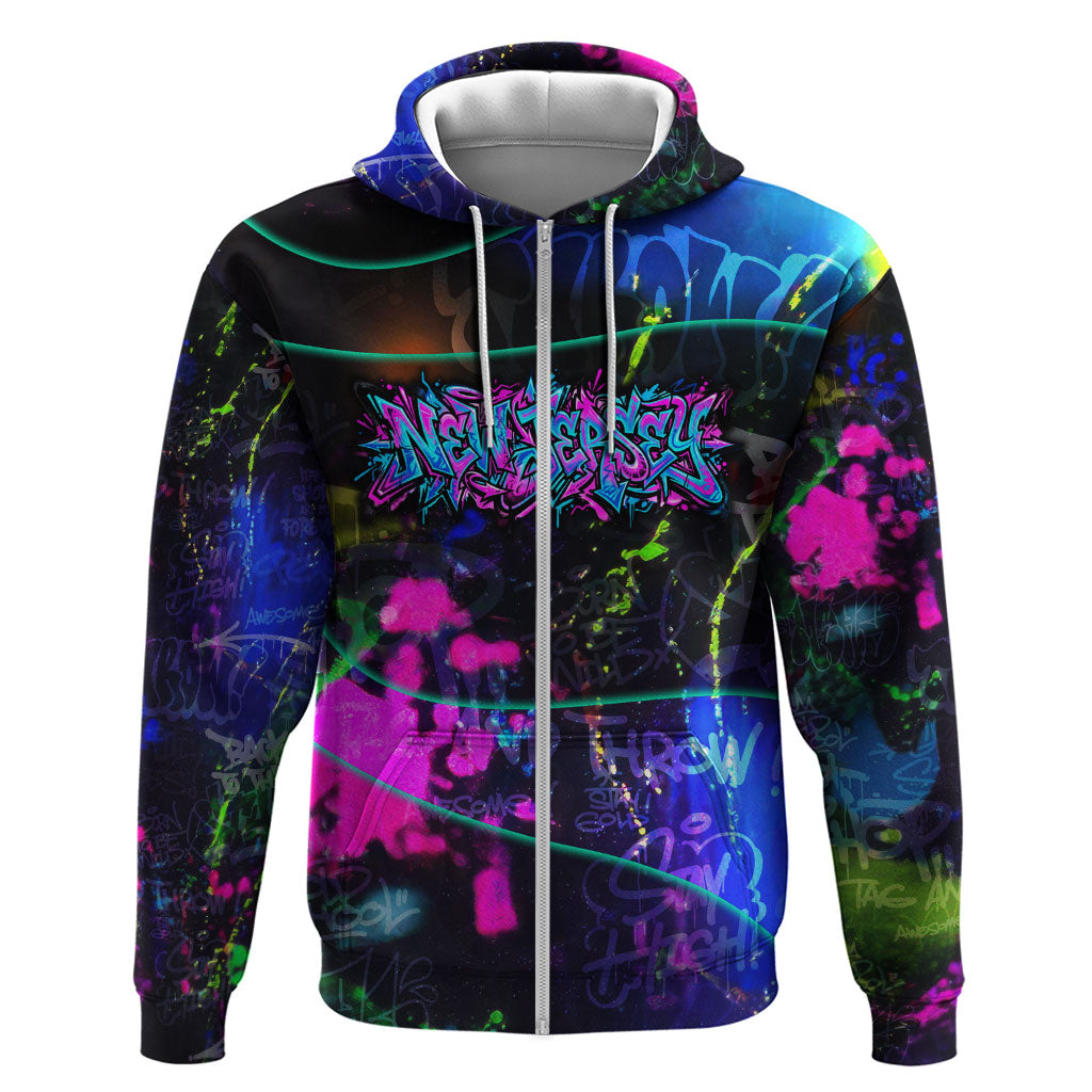 Personalized New Jersey Graffiti Mascot Hoodie Urban Street Art - Vibrant Neon Spray Paint Aesthetic