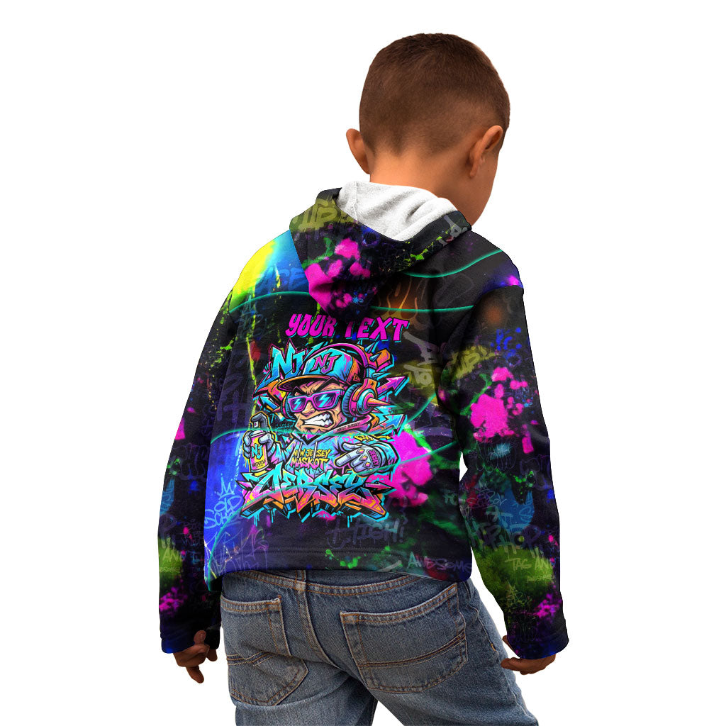 Personalized New Jersey Graffiti Mascot Kid Hoodie Urban Street Art - Vibrant Neon Spray Paint Aesthetic