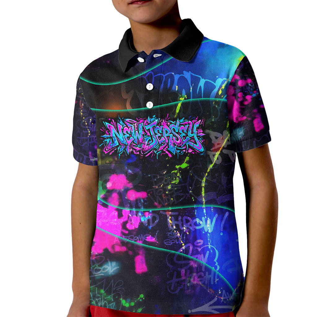 Personalized New Jersey Graffiti Mascot Kid Polo Shirt Urban Street Art - Vibrant Neon Spray Paint Aesthetic