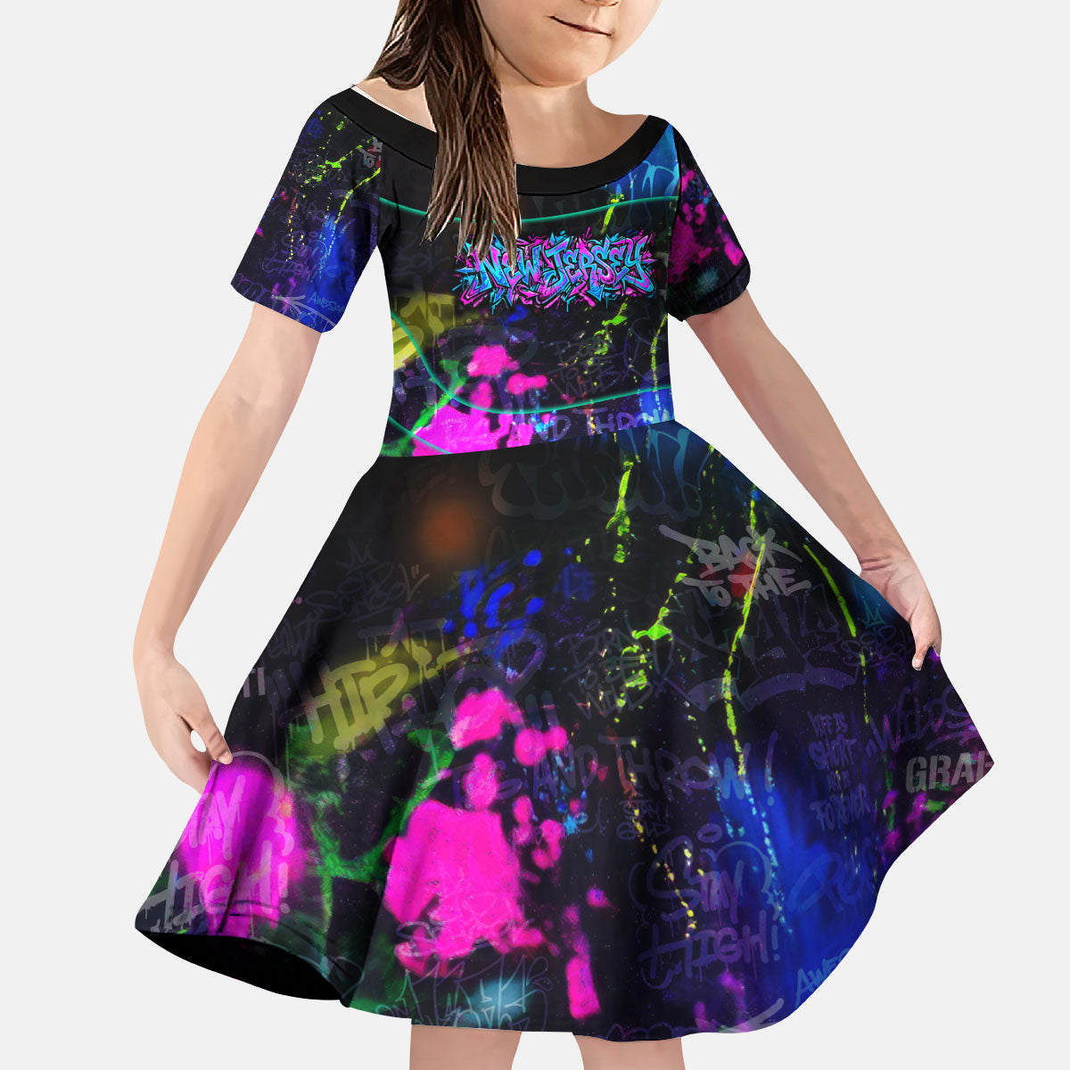 Personalized New Jersey Graffiti Mascot Kid Short Sleeve Dress Urban Street Art - Vibrant Neon Spray Paint Aesthetic