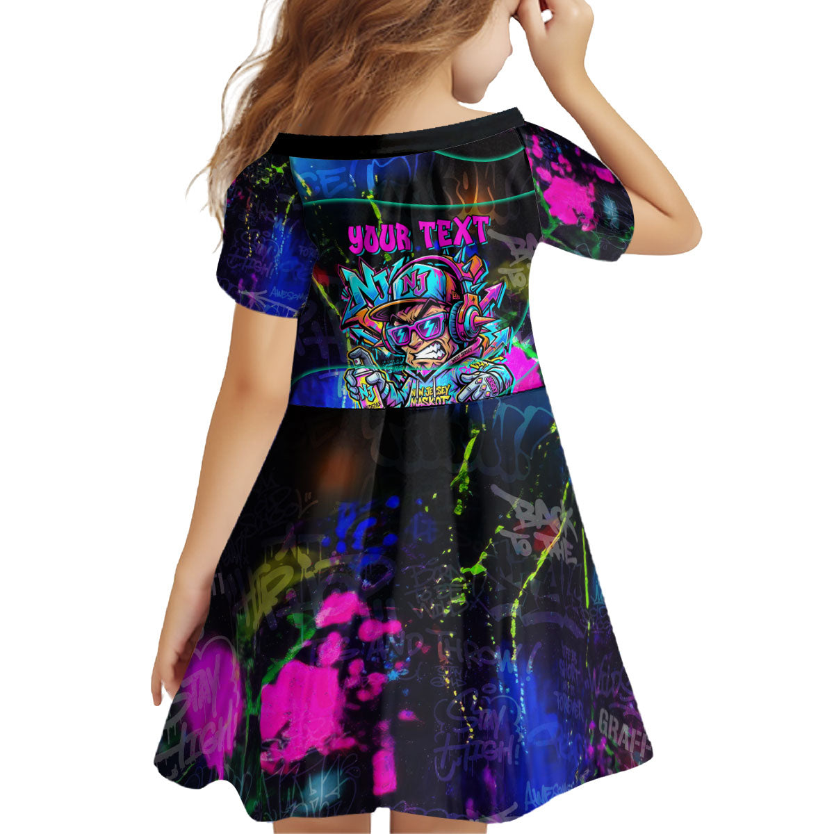 Personalized New Jersey Graffiti Mascot Kid Short Sleeve Dress Urban Street Art - Vibrant Neon Spray Paint Aesthetic