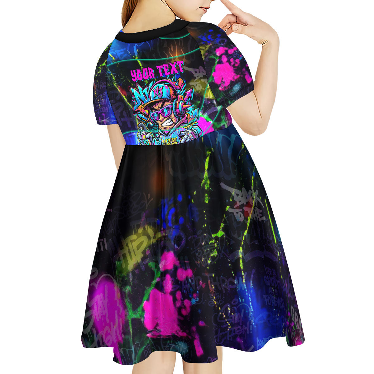 Personalized New Jersey Graffiti Mascot Kid Short Sleeve Dress Urban Street Art - Vibrant Neon Spray Paint Aesthetic