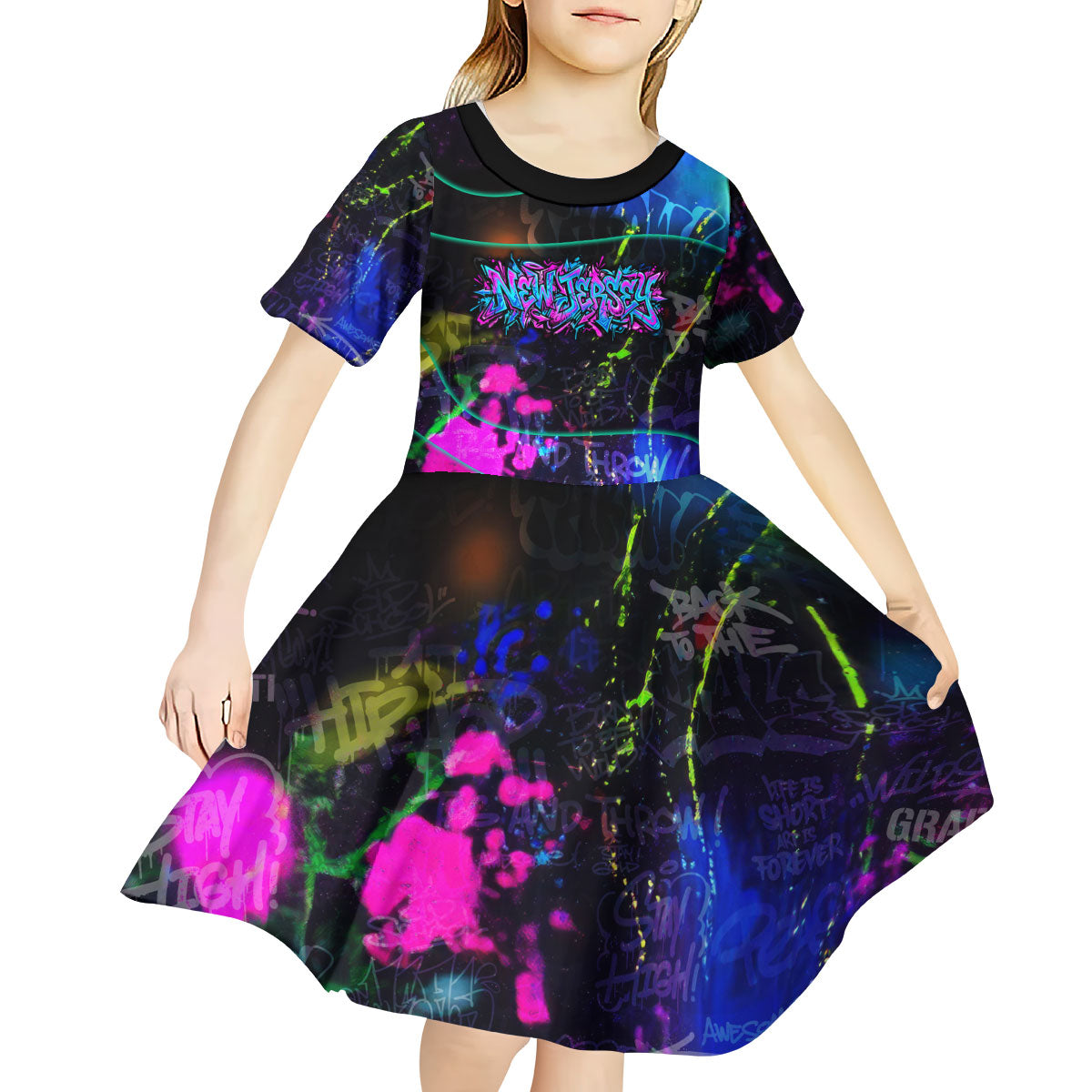 Personalized New Jersey Graffiti Mascot Kid Short Sleeve Dress Urban Street Art - Vibrant Neon Spray Paint Aesthetic