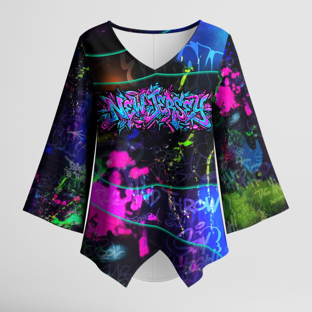 Personalized New Jersey Graffiti Mascot Kimono Sleeve Blouse Urban Street Art - Vibrant Neon Spray Paint Aesthetic