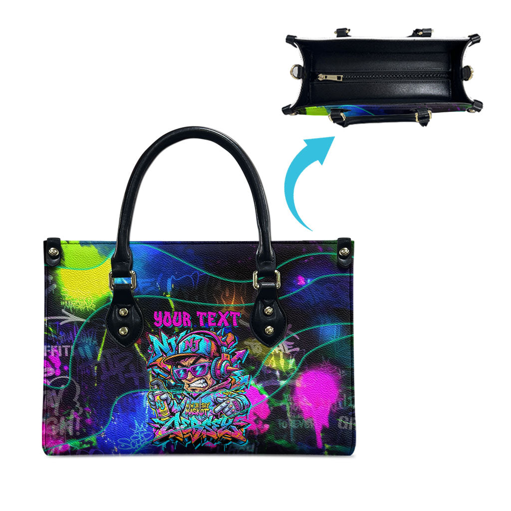 Personalized New Jersey Graffiti Mascot Leather Bag Urban Street Art - Vibrant Neon Spray Paint Aesthetic