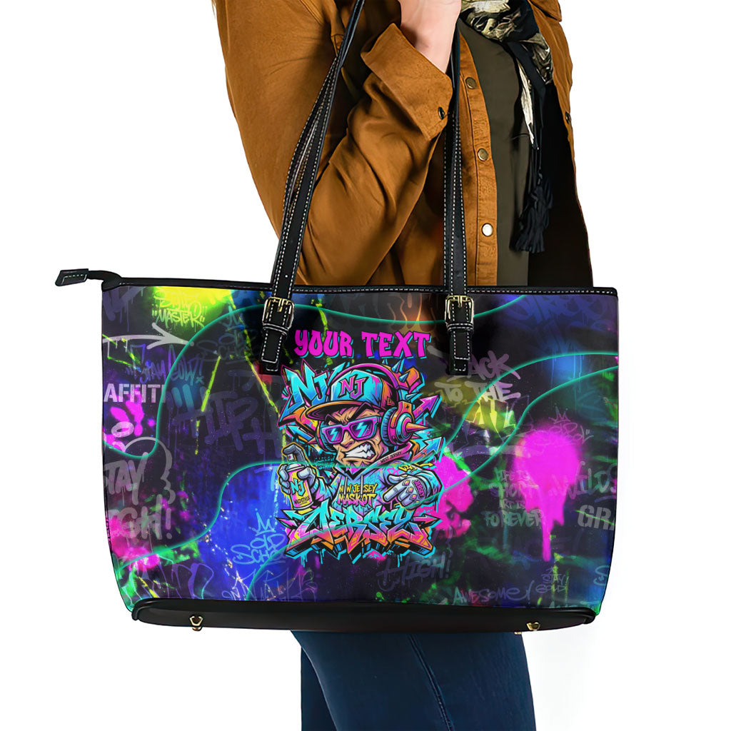 Personalized New Jersey Graffiti Mascot Leather Tote Bag Urban Street Art - Vibrant Neon Spray Paint Aesthetic