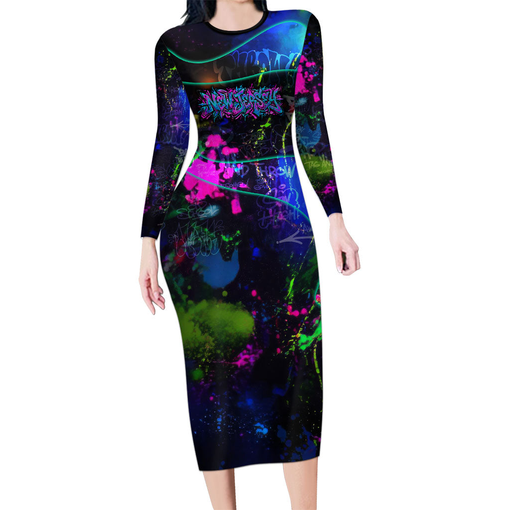 Personalized New Jersey Graffiti Mascot Long Sleeve Bodycon Dress Urban Street Art - Vibrant Neon Spray Paint Aesthetic