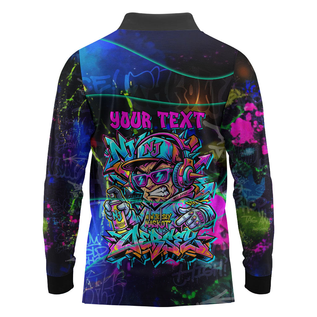 Personalized New Jersey Graffiti Mascot Long Sleeve Polo Shirt Urban Street Art - Vibrant Neon Spray Paint Aesthetic