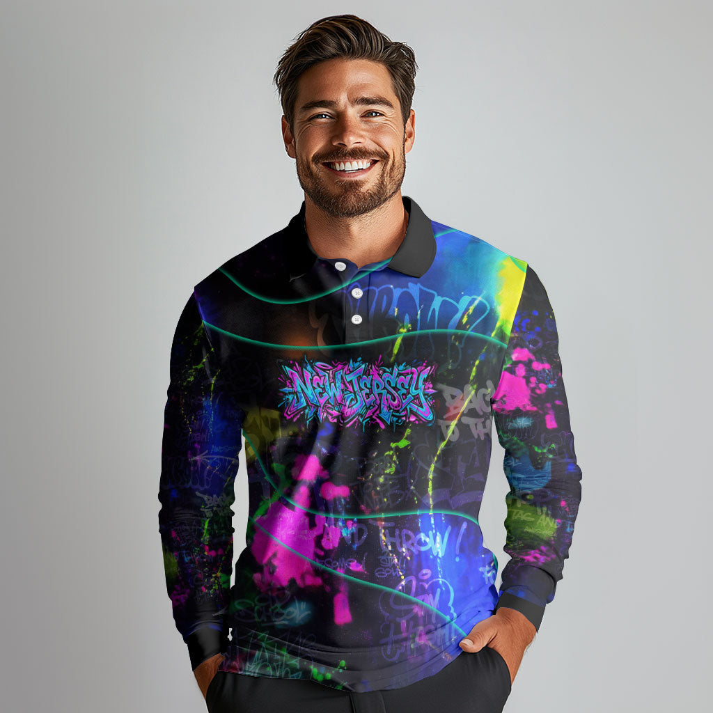 Personalized New Jersey Graffiti Mascot Long Sleeve Polo Shirt Urban Street Art - Vibrant Neon Spray Paint Aesthetic
