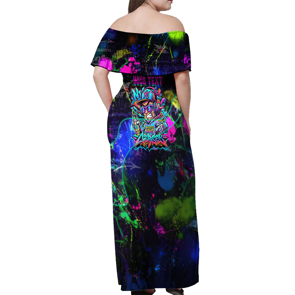 Personalized New Jersey Graffiti Mascot Off Shoulder Maxi Dress Urban Street Art - Vibrant Neon Spray Paint Aesthetic