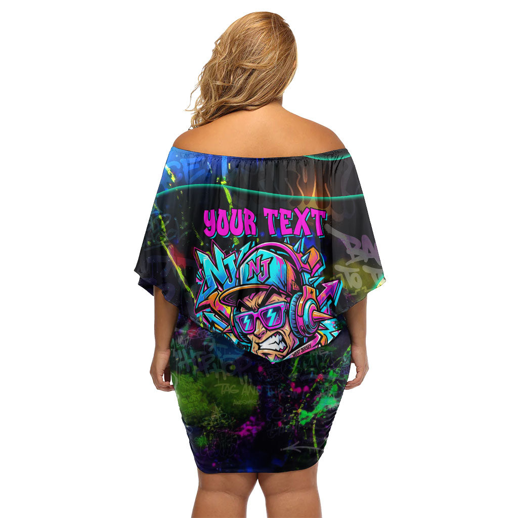 Personalized New Jersey Graffiti Mascot Off Shoulder Short Dress Urban Street Art - Vibrant Neon Spray Paint Aesthetic