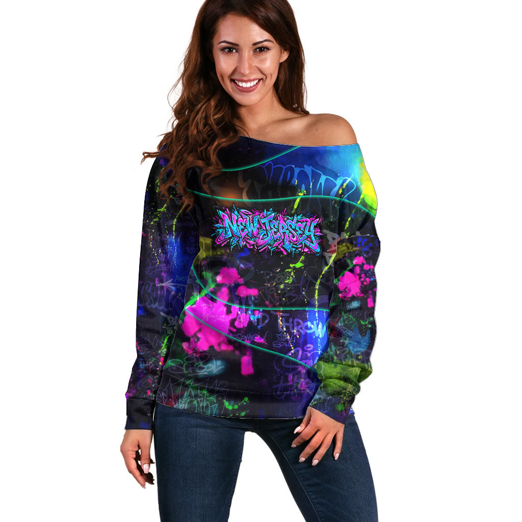 Personalized New Jersey Graffiti Mascot Off Shoulder Sweater Urban Street Art - Vibrant Neon Spray Paint Aesthetic