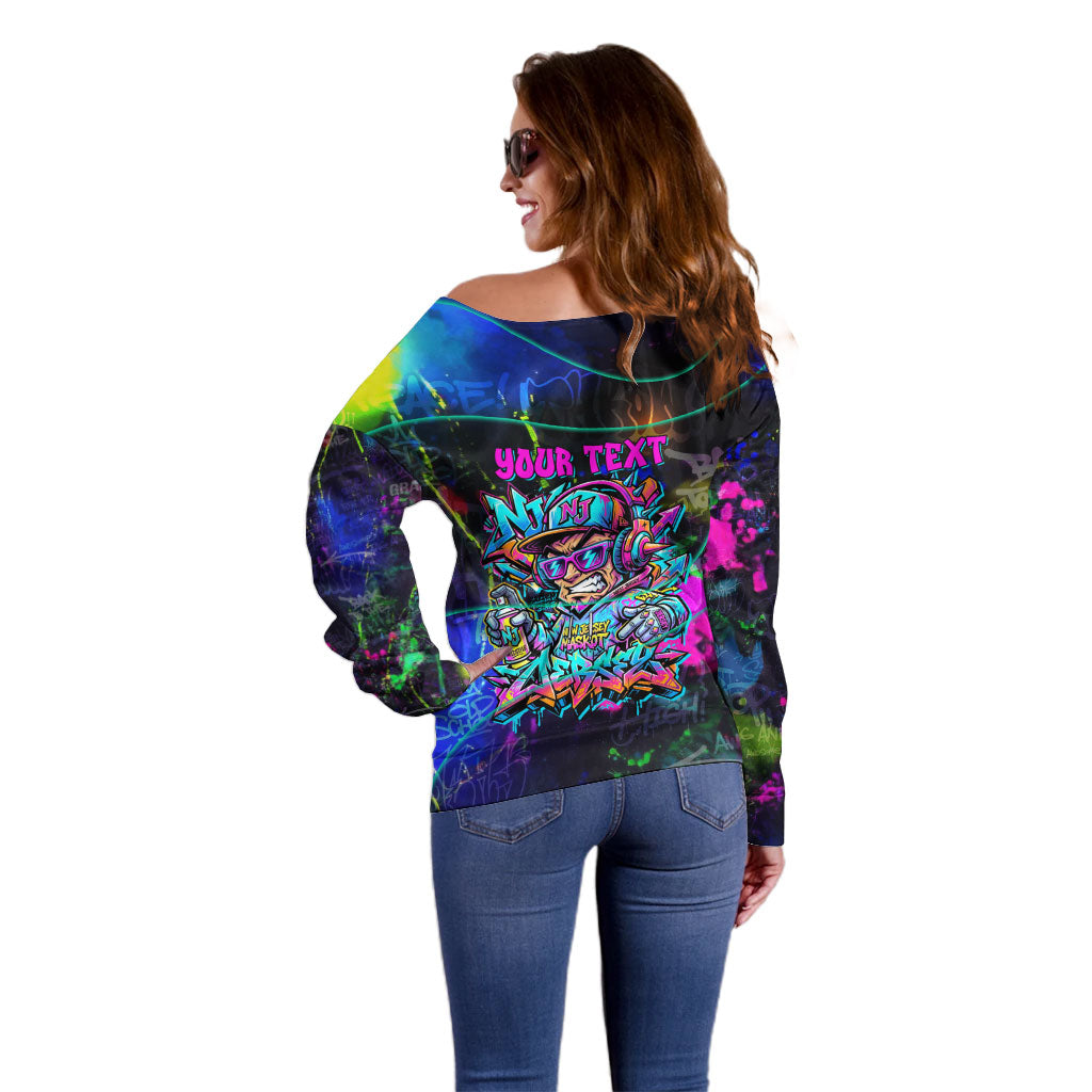 Personalized New Jersey Graffiti Mascot Off Shoulder Sweater Urban Street Art - Vibrant Neon Spray Paint Aesthetic
