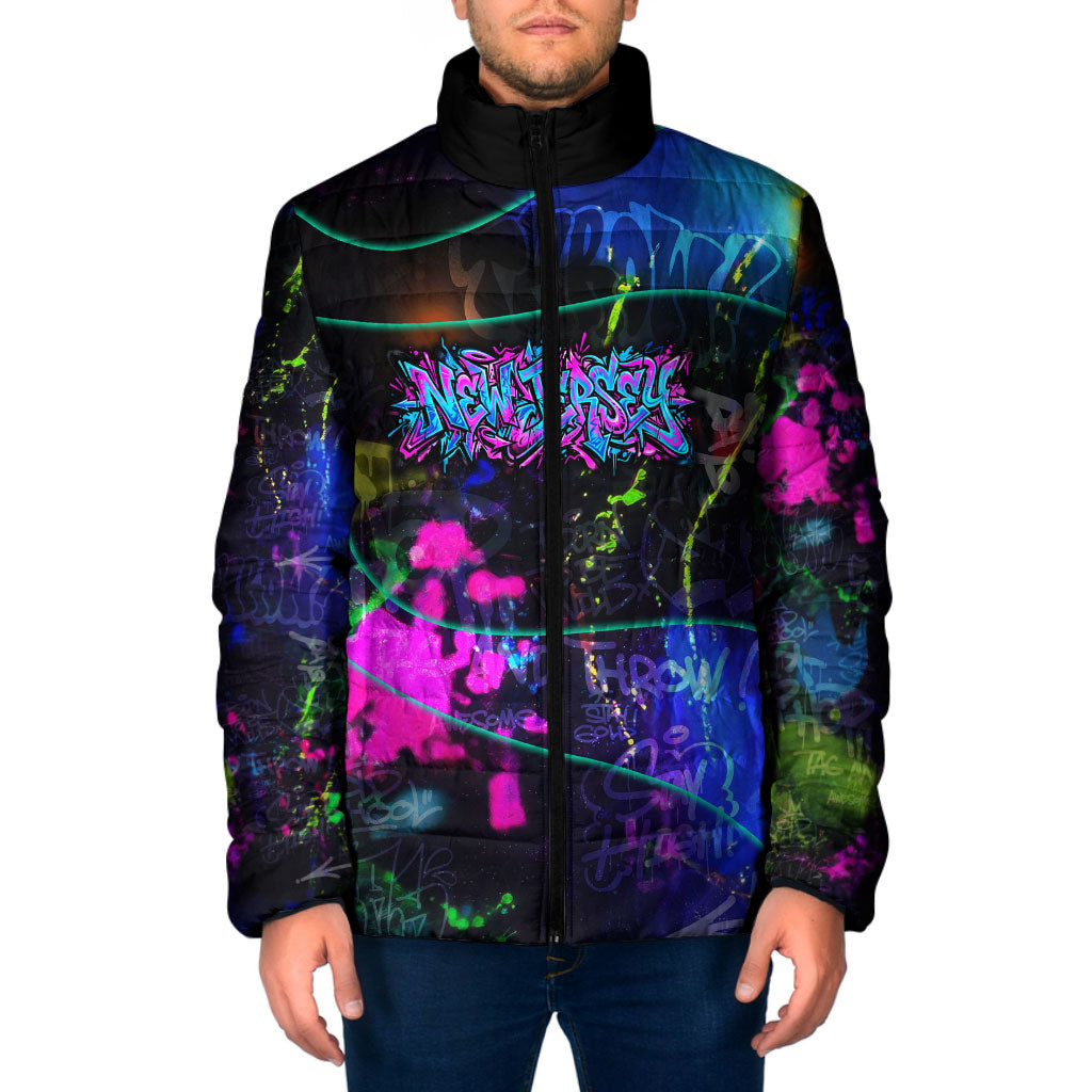 Personalized New Jersey Graffiti Mascot Padded Jacket Urban Street Art - Vibrant Neon Spray Paint Aesthetic