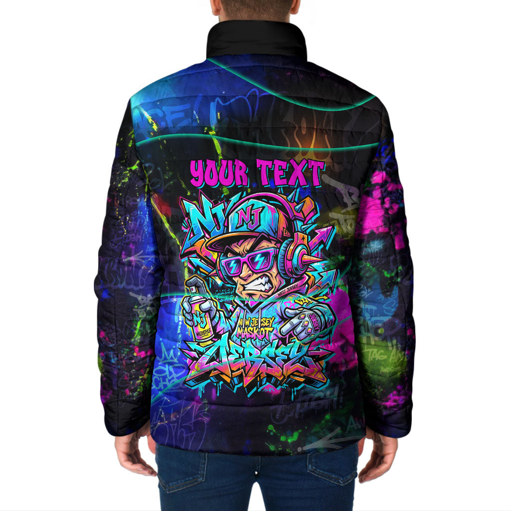 Personalized New Jersey Graffiti Mascot Padded Jacket Urban Street Art - Vibrant Neon Spray Paint Aesthetic