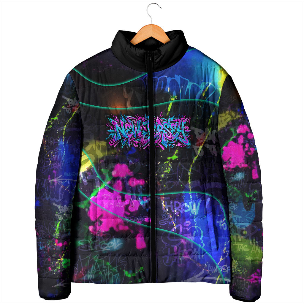 Personalized New Jersey Graffiti Mascot Padded Jacket Urban Street Art - Vibrant Neon Spray Paint Aesthetic