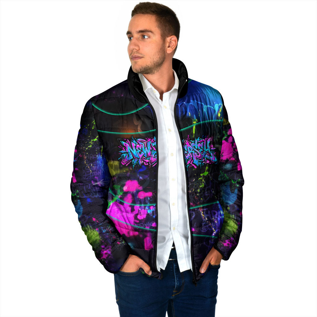 Personalized New Jersey Graffiti Mascot Padded Jacket Urban Street Art - Vibrant Neon Spray Paint Aesthetic