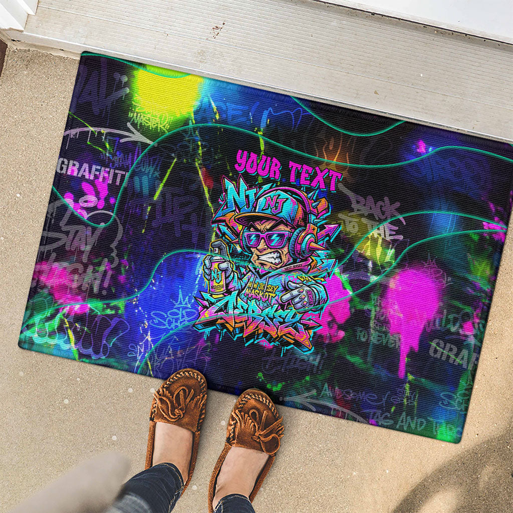 Personalized New Jersey Graffiti Mascot Rubber Doormat Urban Street Art - Vibrant Neon Spray Paint Aesthetic