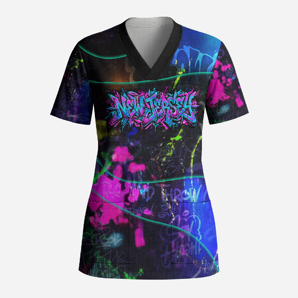 Personalized New Jersey Graffiti Mascot Scrub Top Urban Street Art - Vibrant Neon Spray Paint Aesthetic