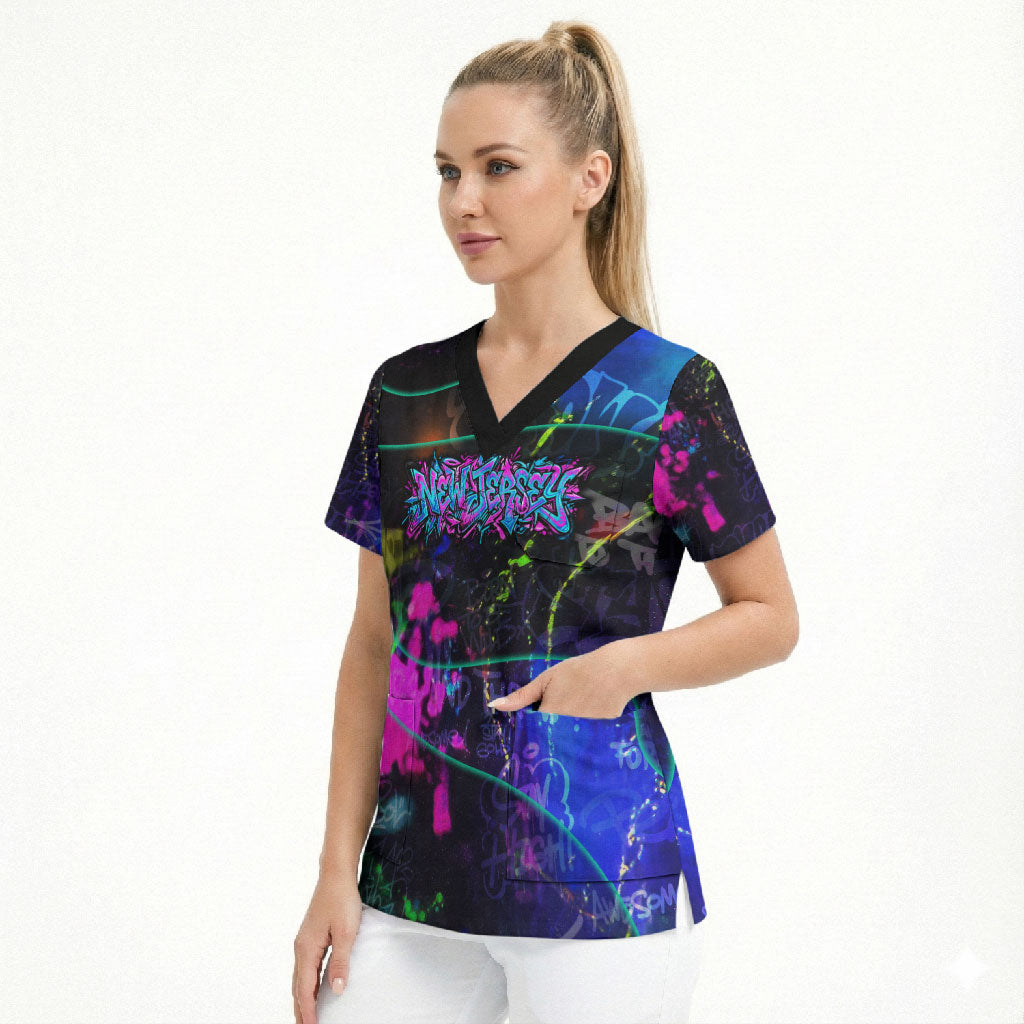 Personalized New Jersey Graffiti Mascot Scrub Top Urban Street Art - Vibrant Neon Spray Paint Aesthetic