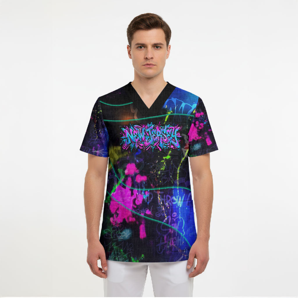 Personalized New Jersey Graffiti Mascot Scrub Top Urban Street Art - Vibrant Neon Spray Paint Aesthetic