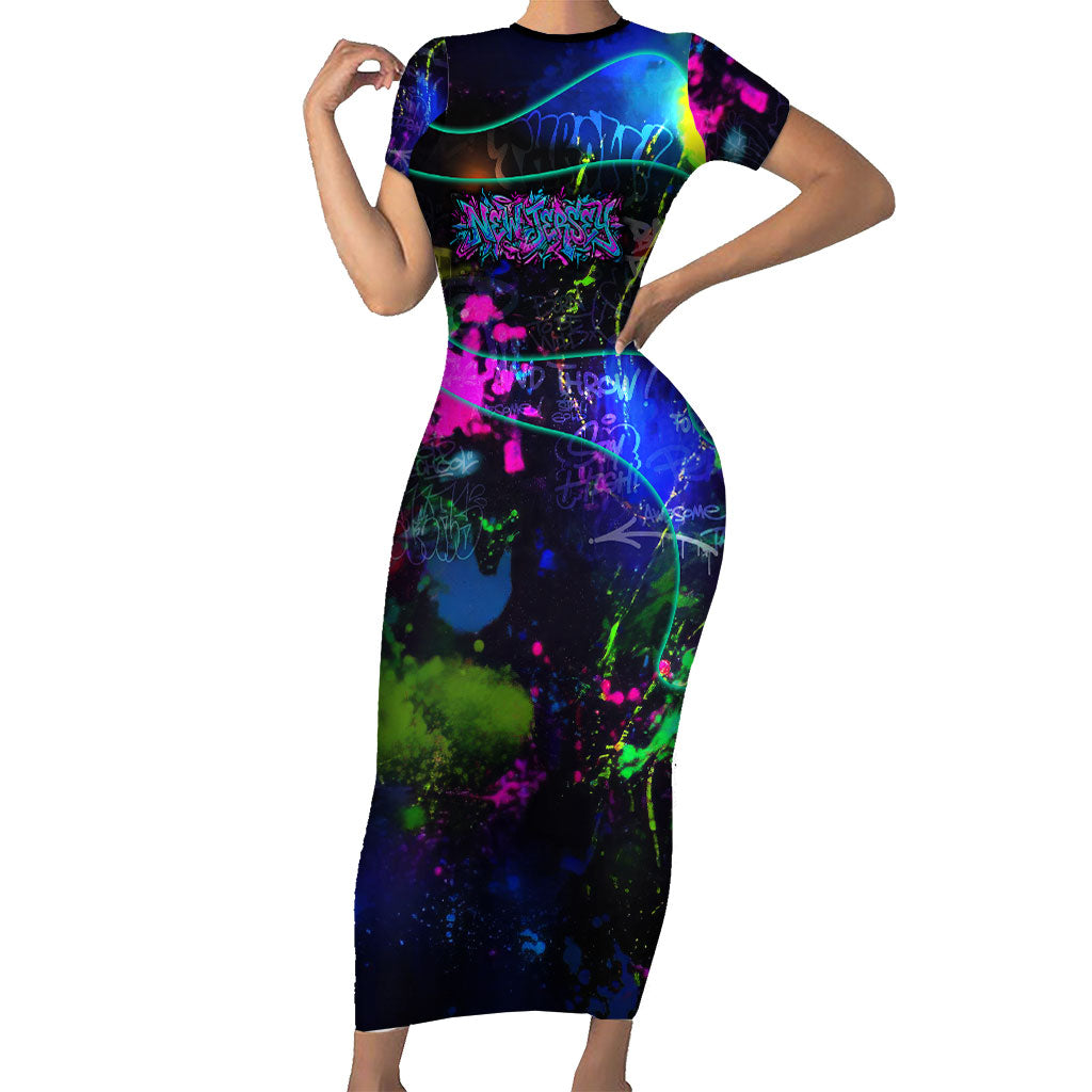Personalized New Jersey Graffiti Mascot Short Sleeve Bodycon Dress Urban Street Art - Vibrant Neon Spray Paint Aesthetic