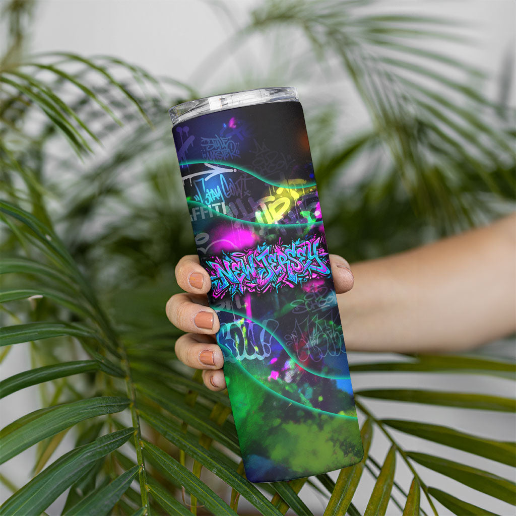 Personalized New Jersey Graffiti Mascot Skinny Tumbler Urban Street Art - Vibrant Neon Spray Paint Aesthetic