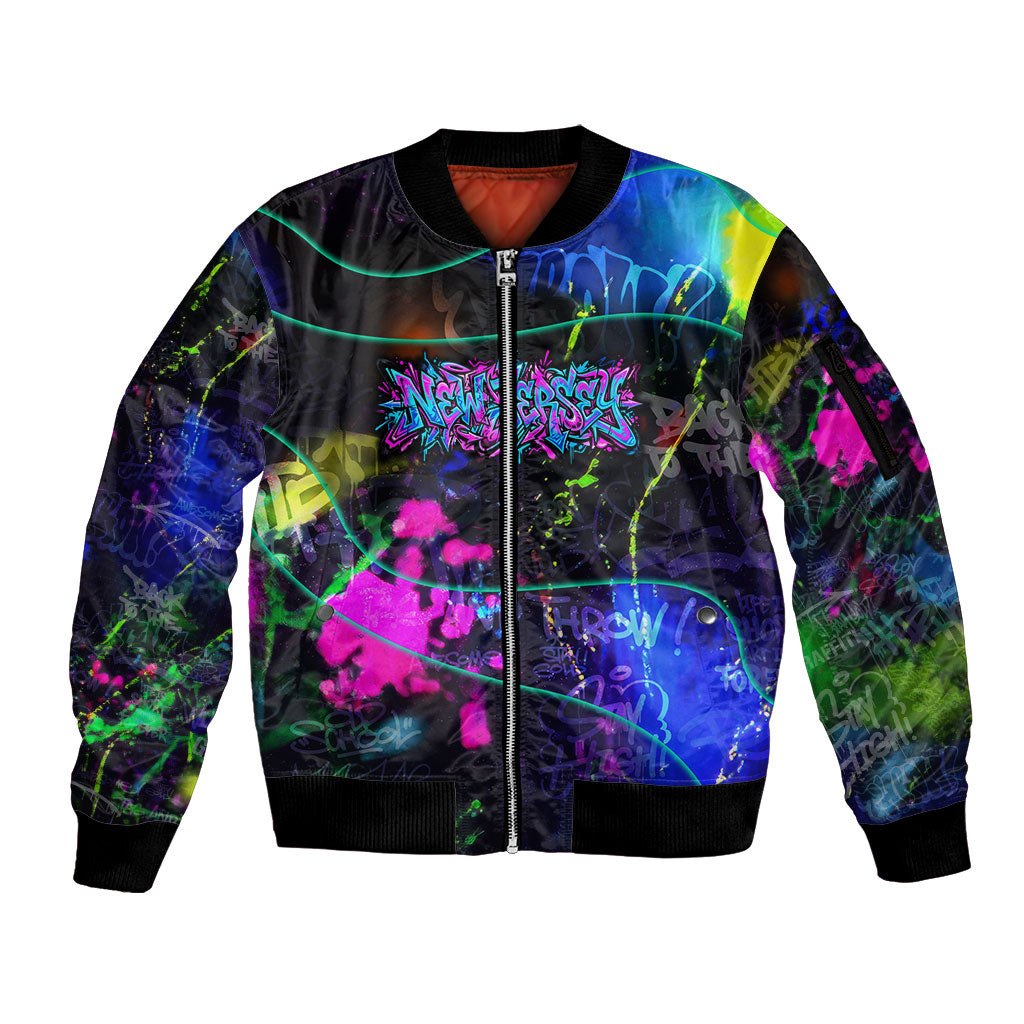 Personalized New Jersey Graffiti Mascot Sleeve Zip Bomber Jacket Urban Street Art - Vibrant Neon Spray Paint Aesthetic