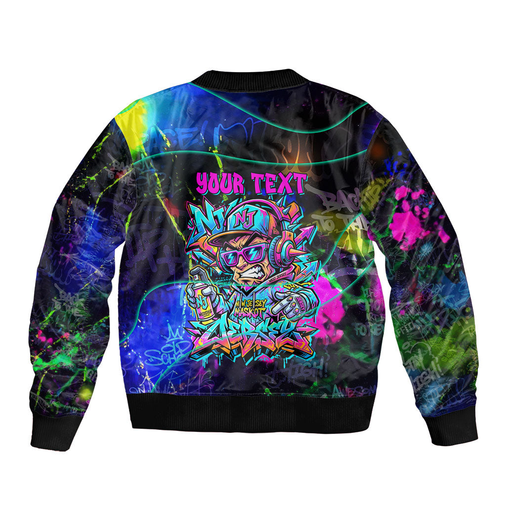 Personalized New Jersey Graffiti Mascot Sleeve Zip Bomber Jacket Urban Street Art - Vibrant Neon Spray Paint Aesthetic