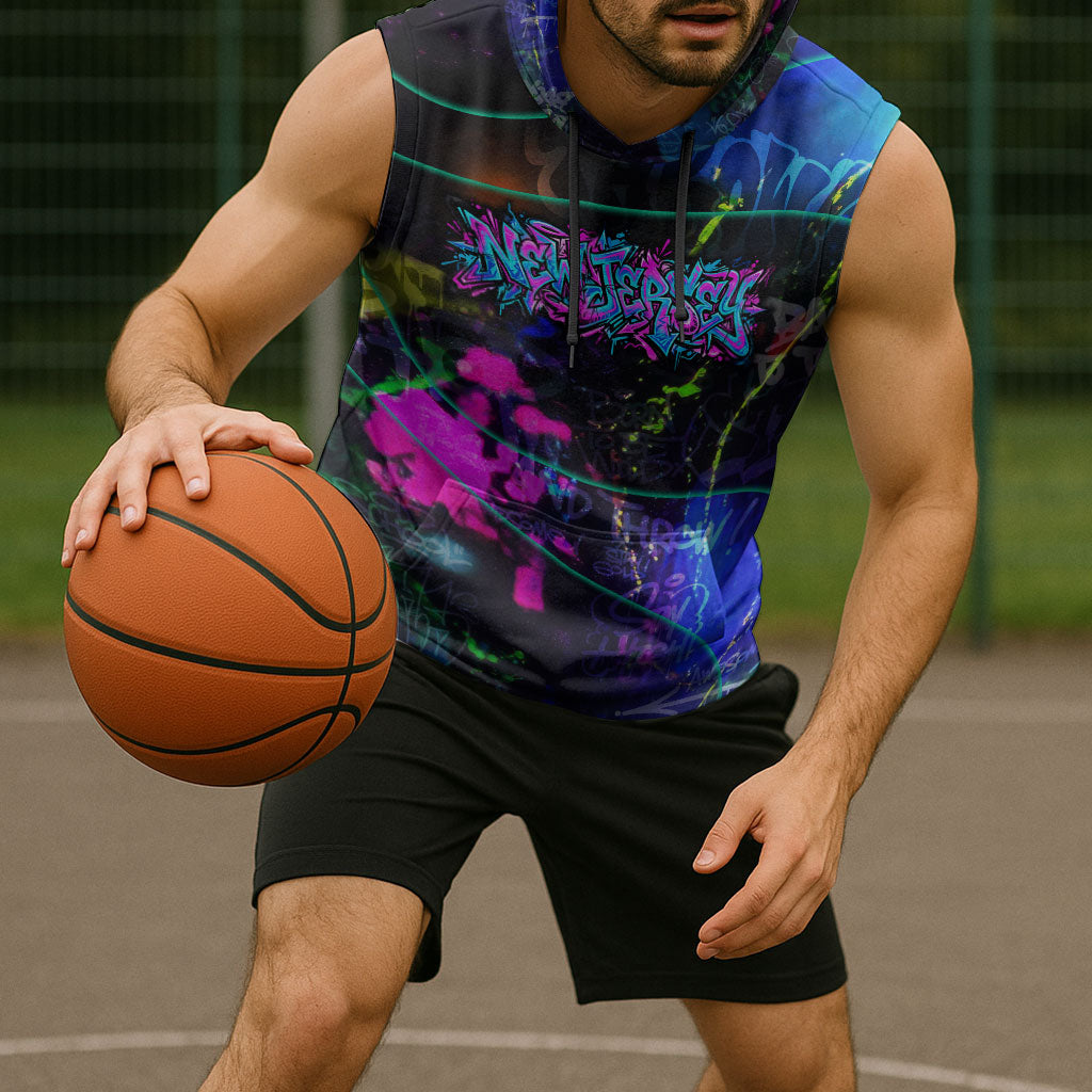 Personalized New Jersey Graffiti Mascot Sleeveless Hoodie Urban Street Art - Vibrant Neon Spray Paint Aesthetic