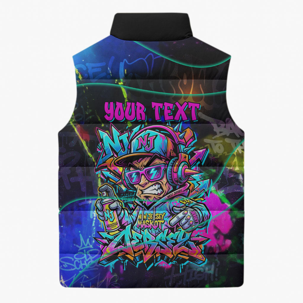 Personalized New Jersey Graffiti Mascot Sleeveless Puffer Jacket Urban Street Art - Vibrant Neon Spray Paint Aesthetic